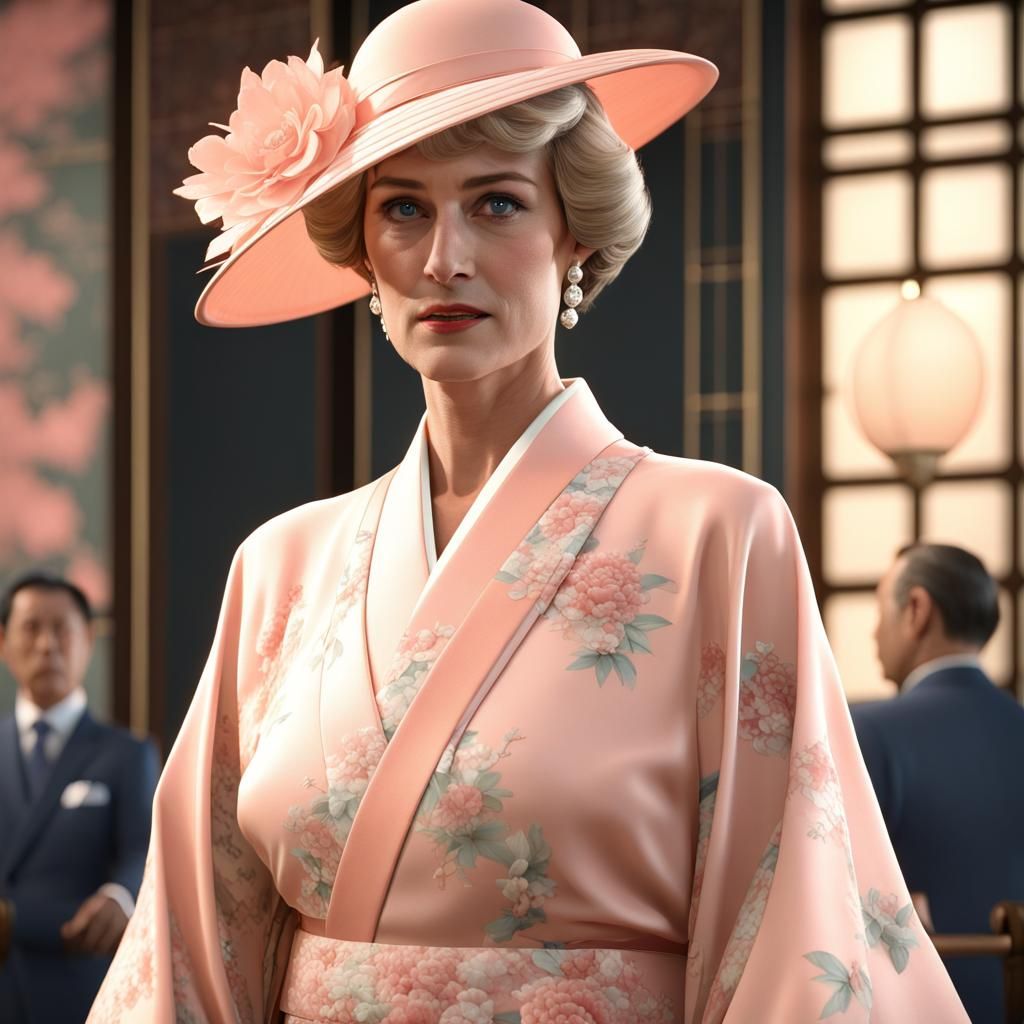 a portrait of Lady Di, In a peach kimono and matching hat during the