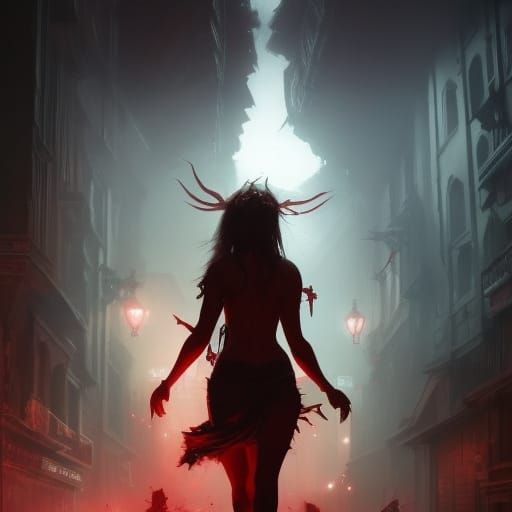A pretty and young demon strolls through the red-light district of a city of hell.