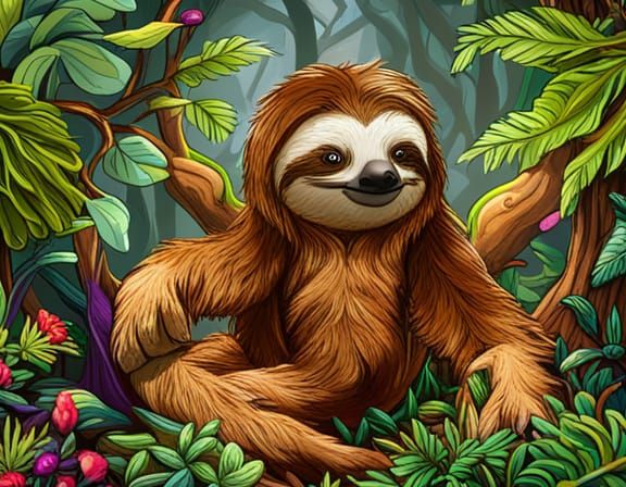 A furry enchanted cute sloth covered in dried leaves crawls serenely in ...