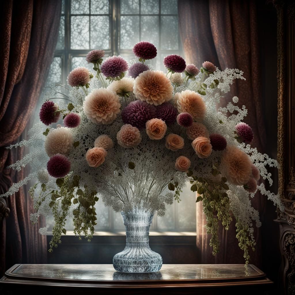 Beautiful giant wedding bunch of gorgeous flowers in a cristal intricately chiseled Victorian  vase stuck ...  by @ophelia22