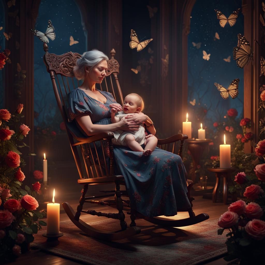 a mother sitting in a rocking chair holding a baby at night ...