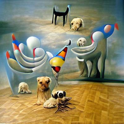 a cute dog  on its birthday with its dog friends surrealism