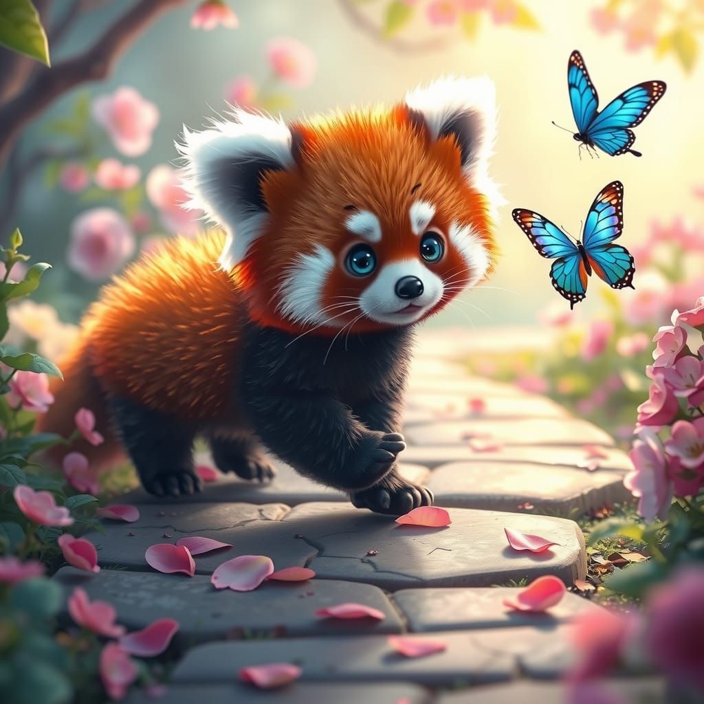 A hyper-realistic digital artwork of an adorable cute wacky baby red panda walking while playing with a blue butterfly, with blue, expressiv...