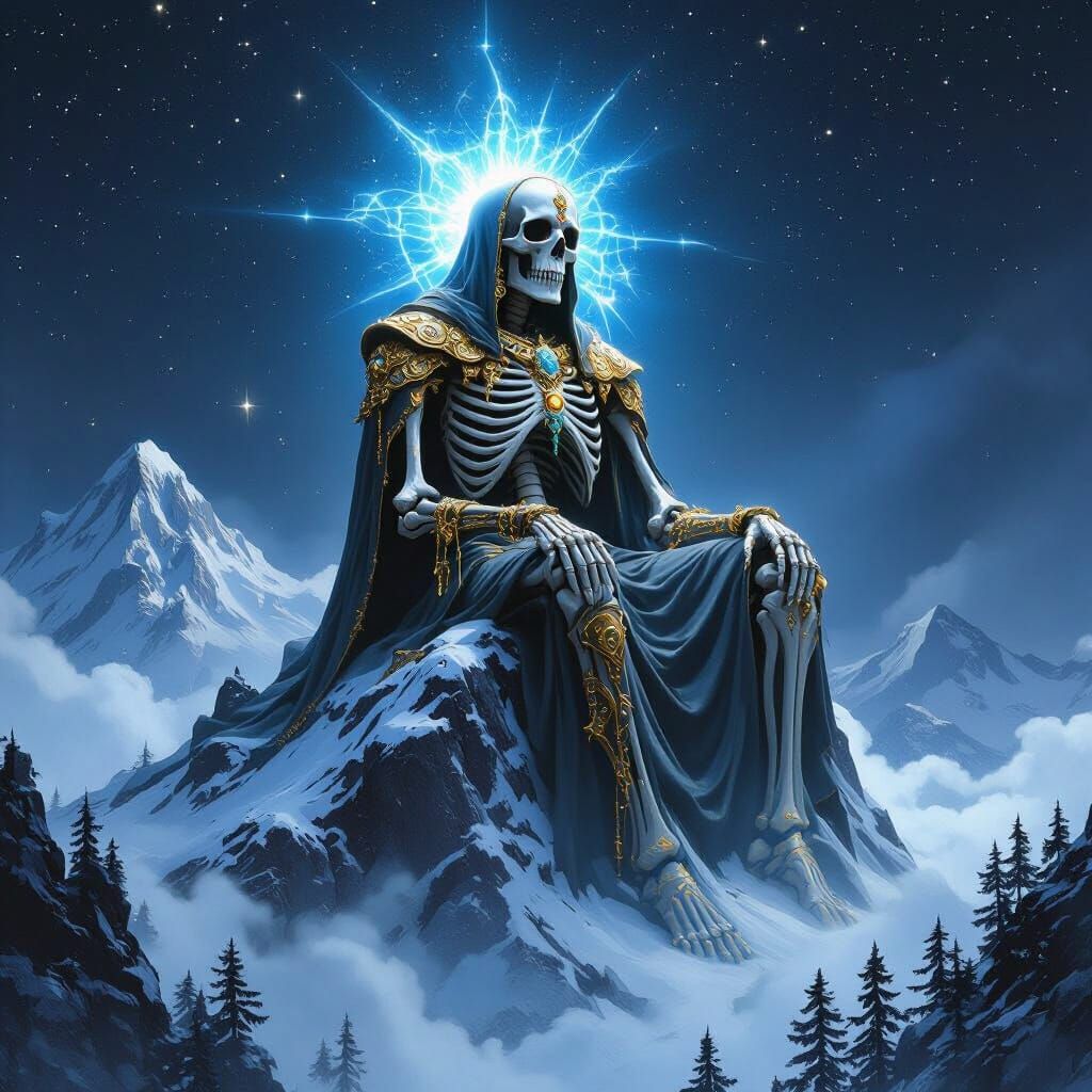 A skeleton god watching over a mountain