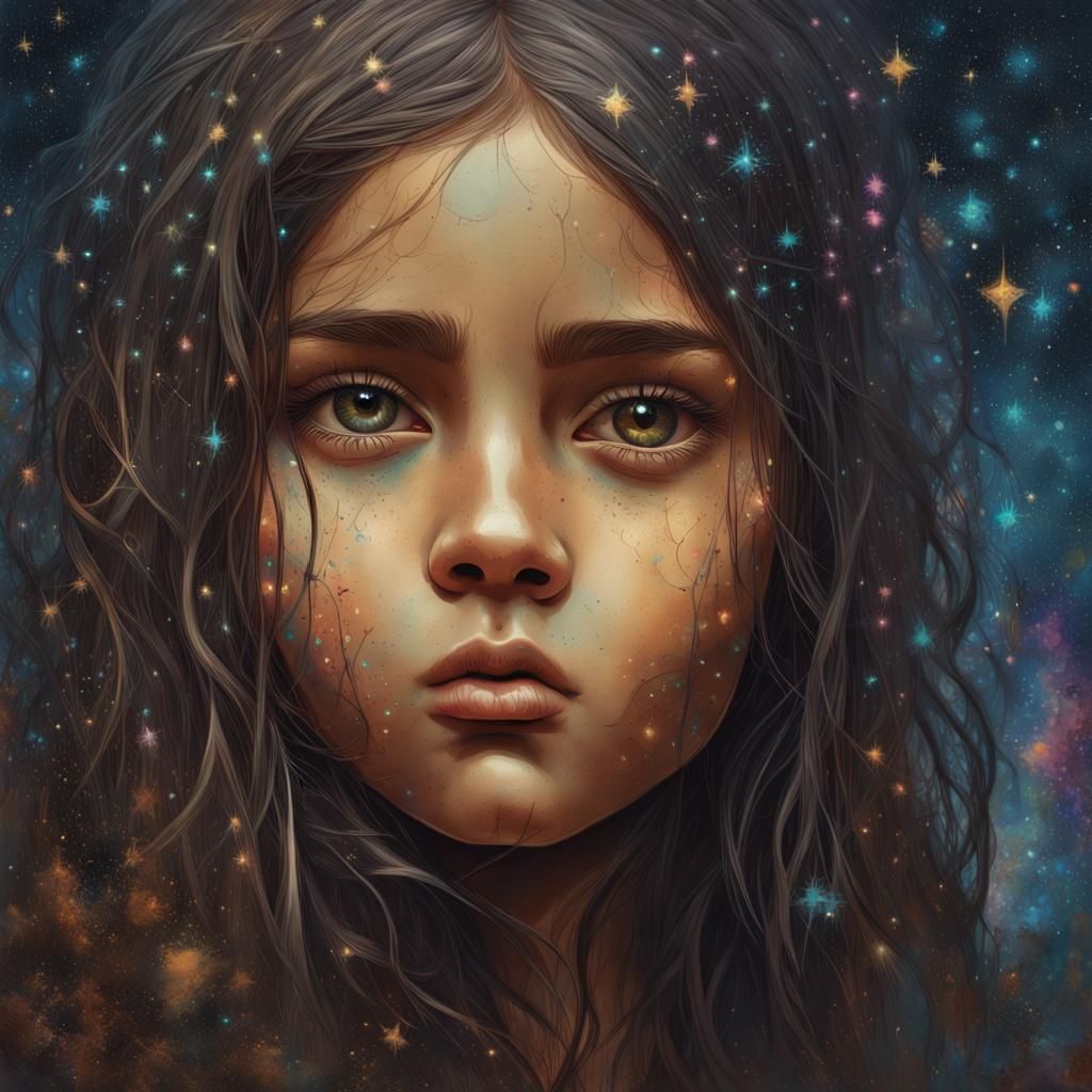 Native Girl in Holographic Starry Night