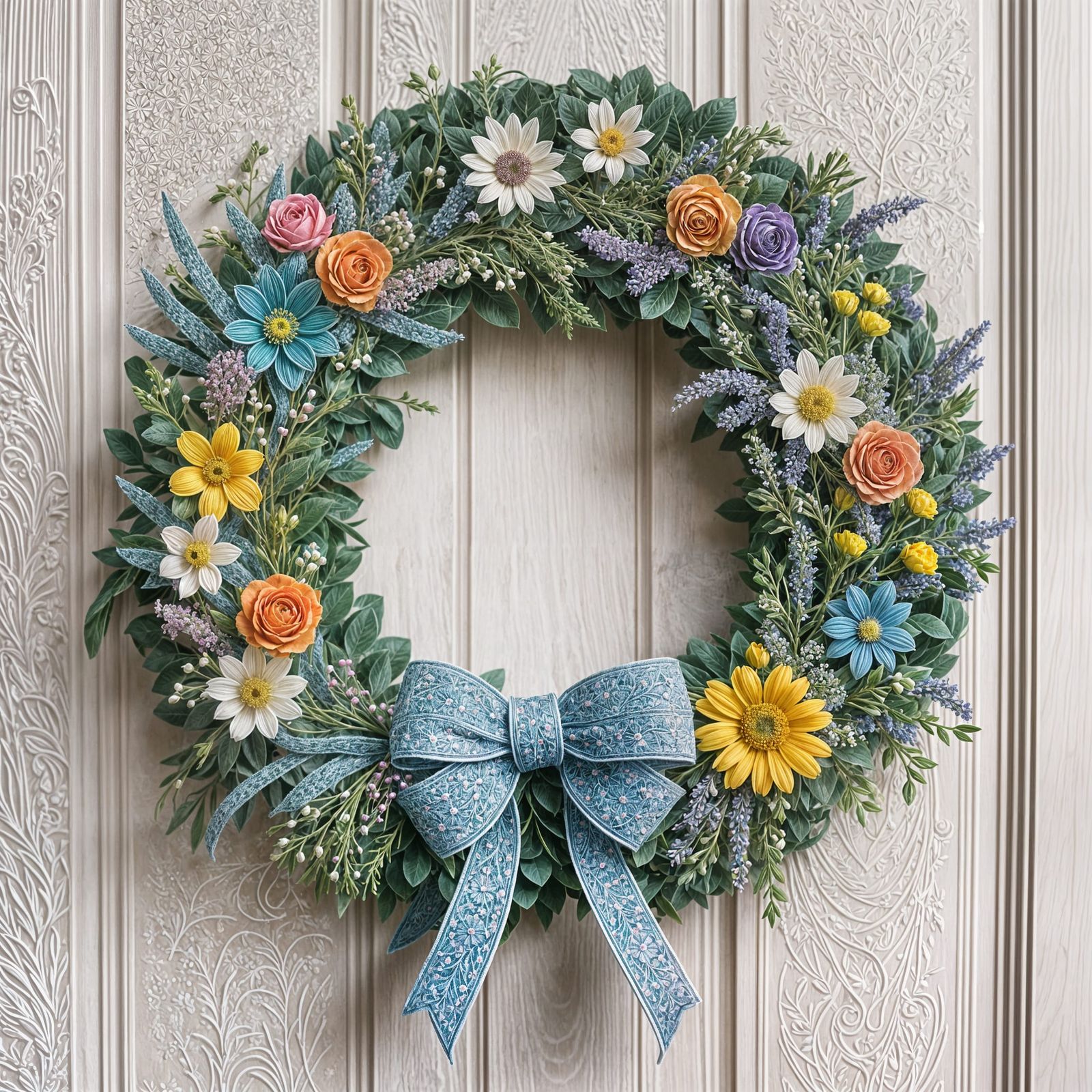 A beautiful spring wedding wreath, ribbon, flowers,  horseshoe,    intricately detailed kinetic pointillism ...  by @Oma