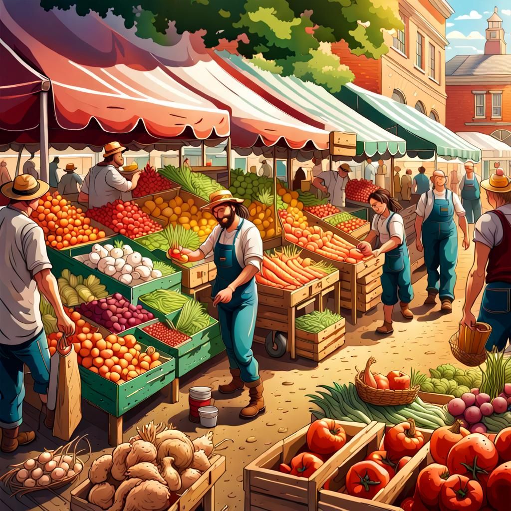Vibrant illustrations showcasing a bustling farmer's market ...