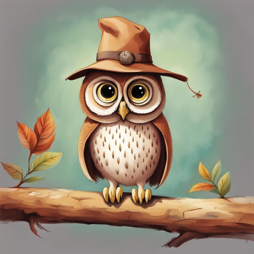 owl with hat, childrens' book illustration