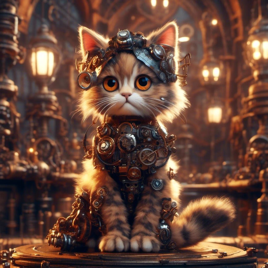 <lora:Steampunk Madness:1.0> A steampunk robotic adorable fluffy calico kitten wondering in a steampunk city, the scene is filled with beaut...