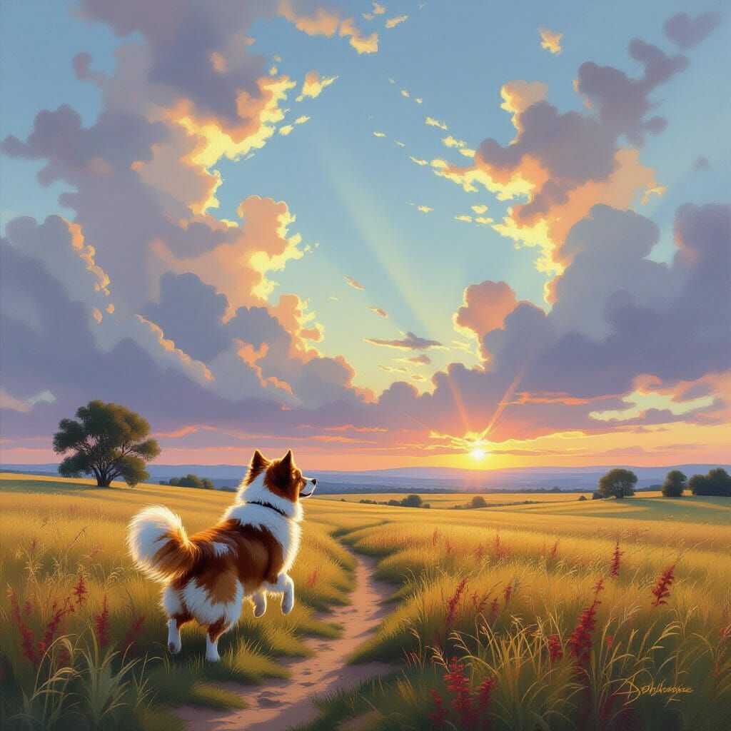 Pastel Sky Reflects Dog's Joyful Swim