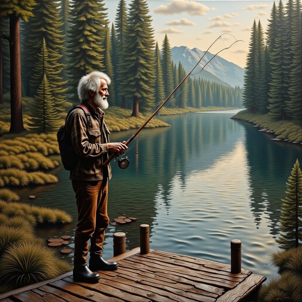 <lora:LeatherRinseRepeat:1.0> hyperrealism, an old man fishing with a fishing rod on a rickety wooden pier on a peaceful forest lake