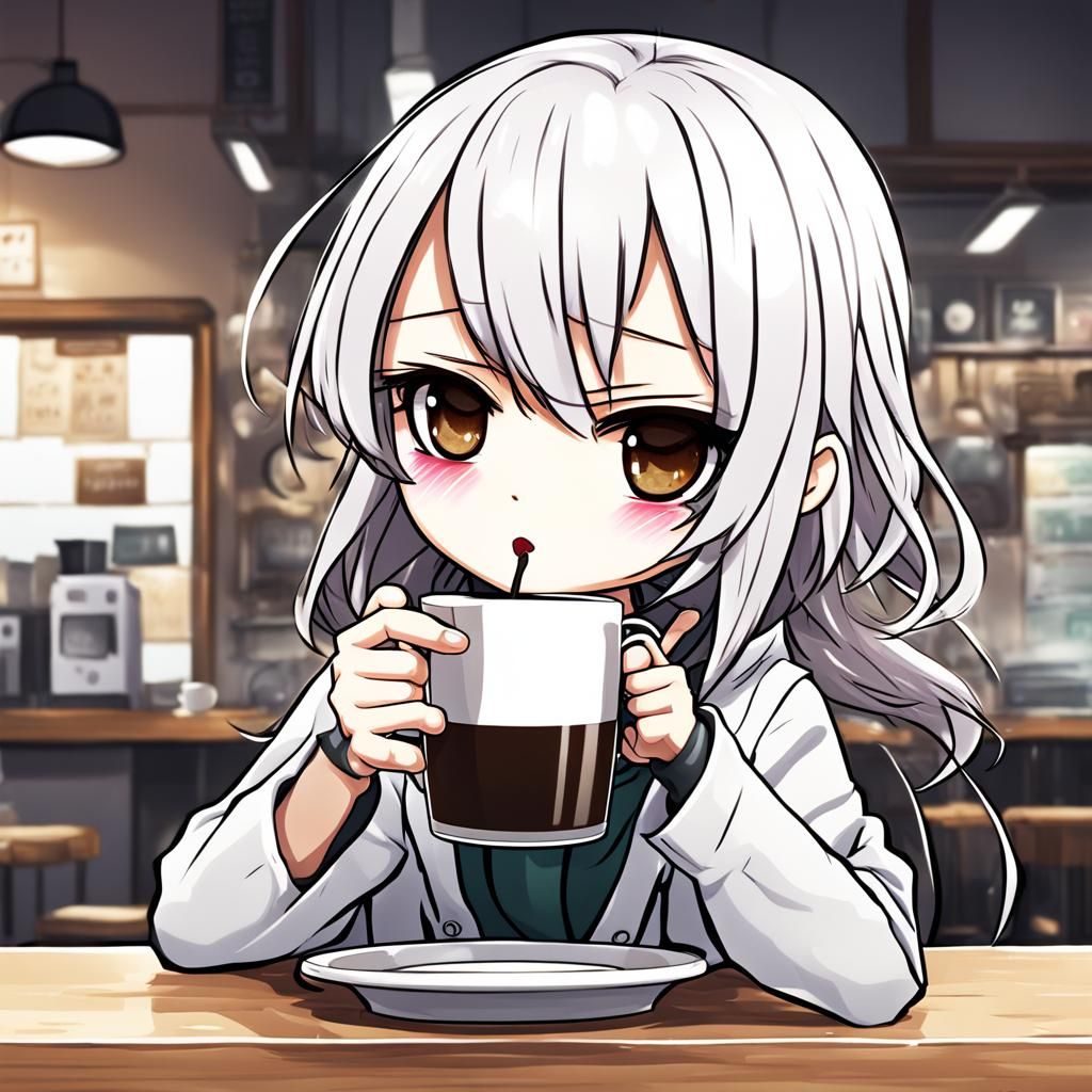 Cute chibi woman drinking coffee in a bad mood