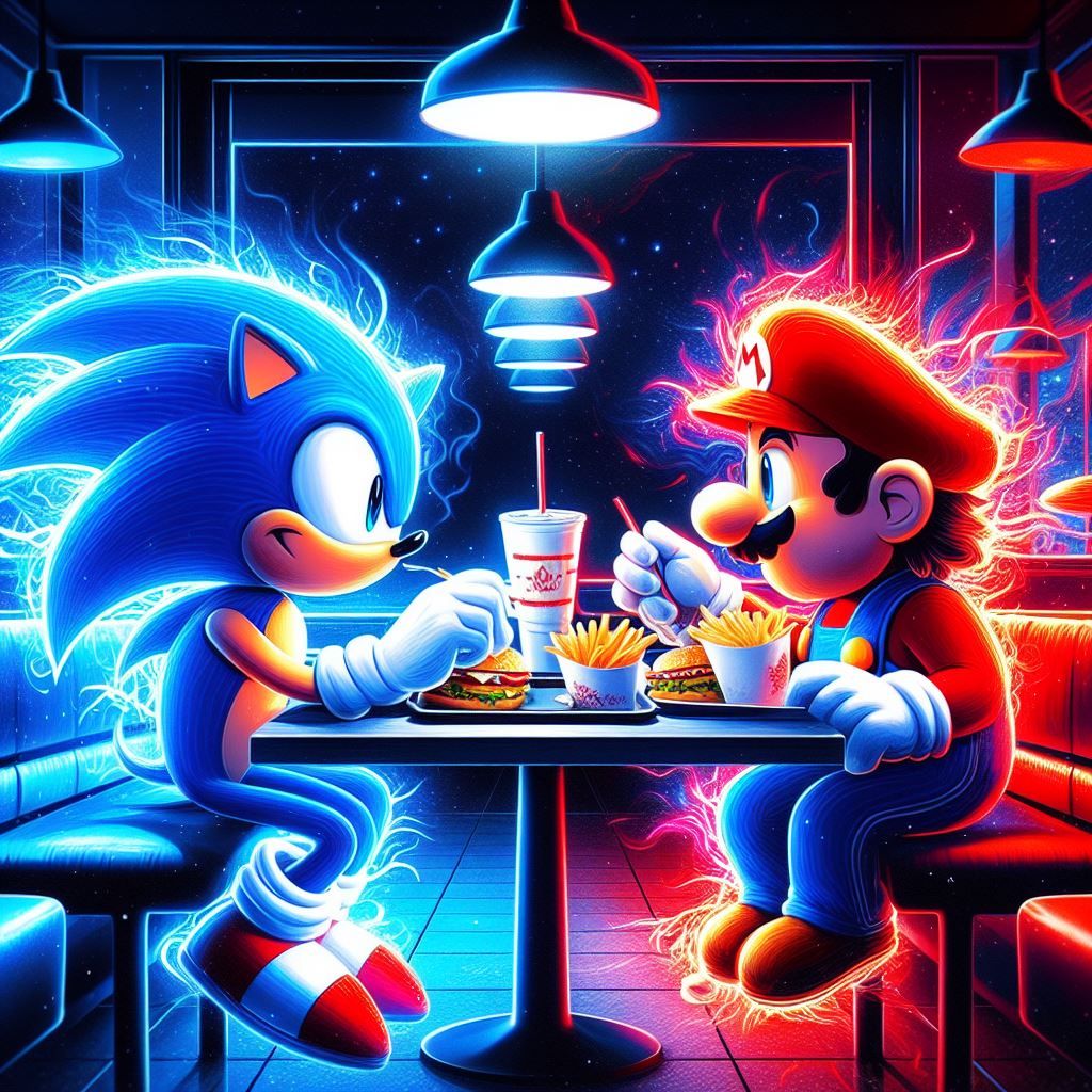 Sonic and Mario eating their meal together at a fastfood restaurant