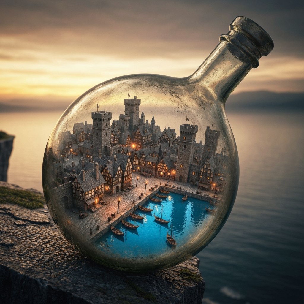 "A stunning hyperrealistic photograph capturing a detailed, elaborate miniature city contained entirely within a vintage, ornate glass bottl...