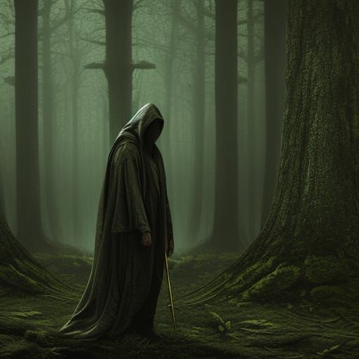 Hooded creature in dark forest - AI Generated Artwork - NightCafe Creator