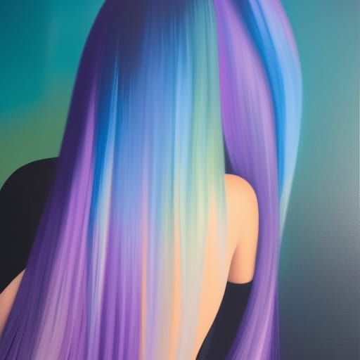 back of head into pieces:a woman with long blue hair::dark s...