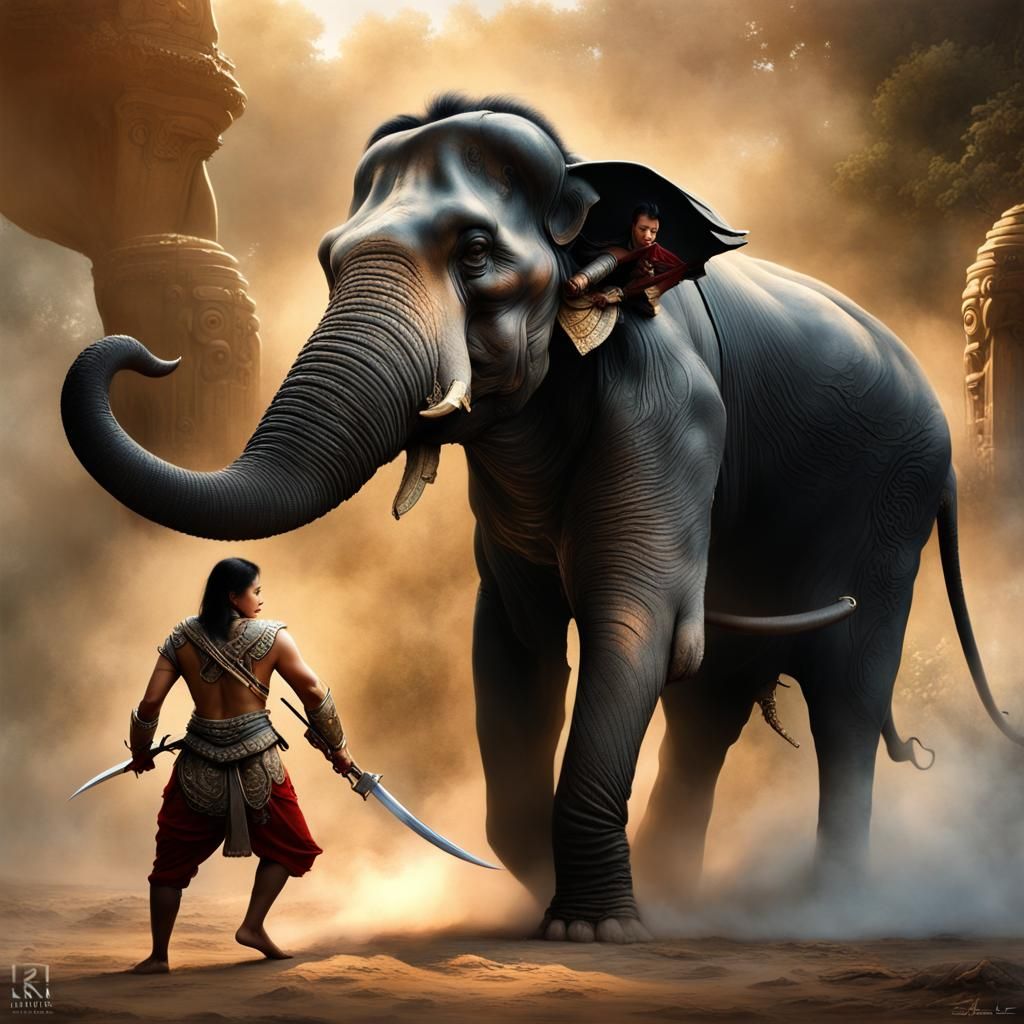 Beautiful black-haired Thai warrior and ancient war elephant...