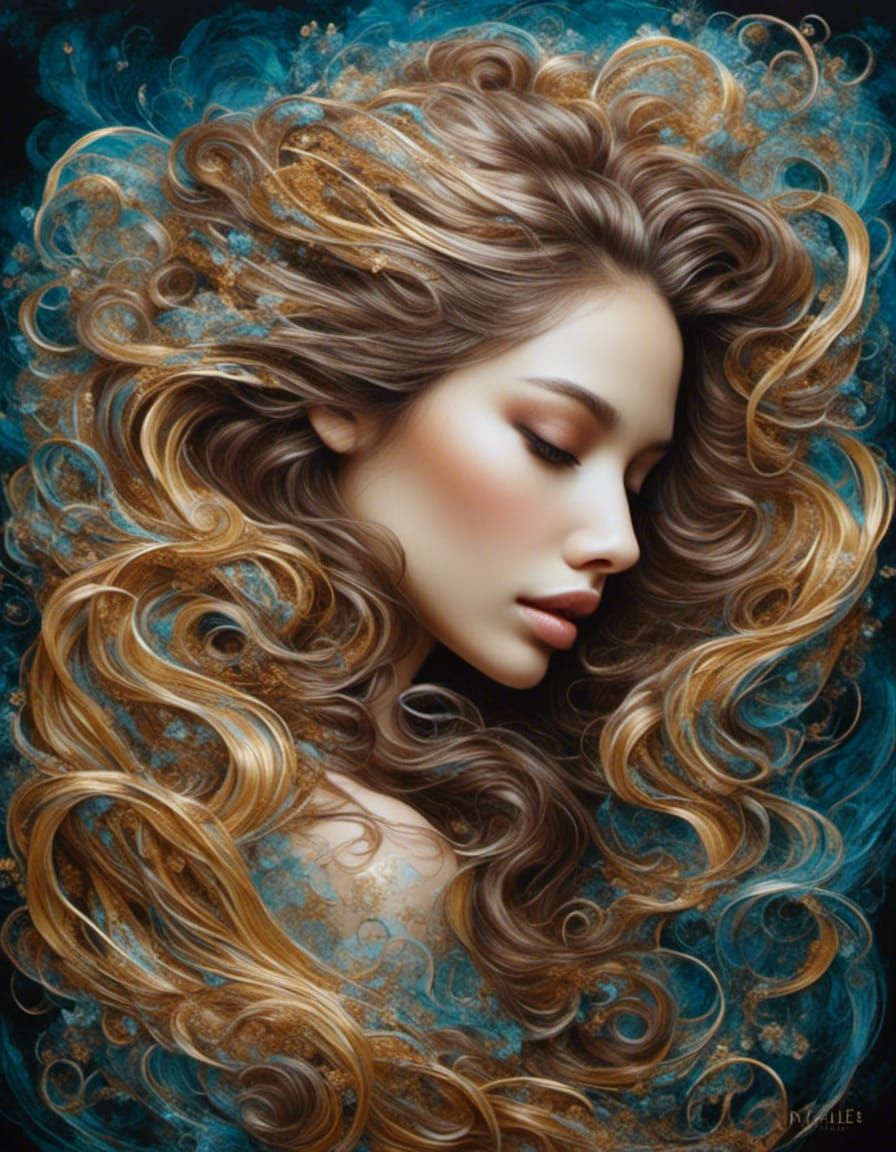 A portrait of a woman with long  hair made from swirling sat...