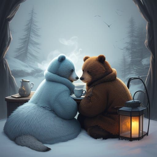 Cozy Arctic Bears Huddle for Warmth in Digital Painting Styl...