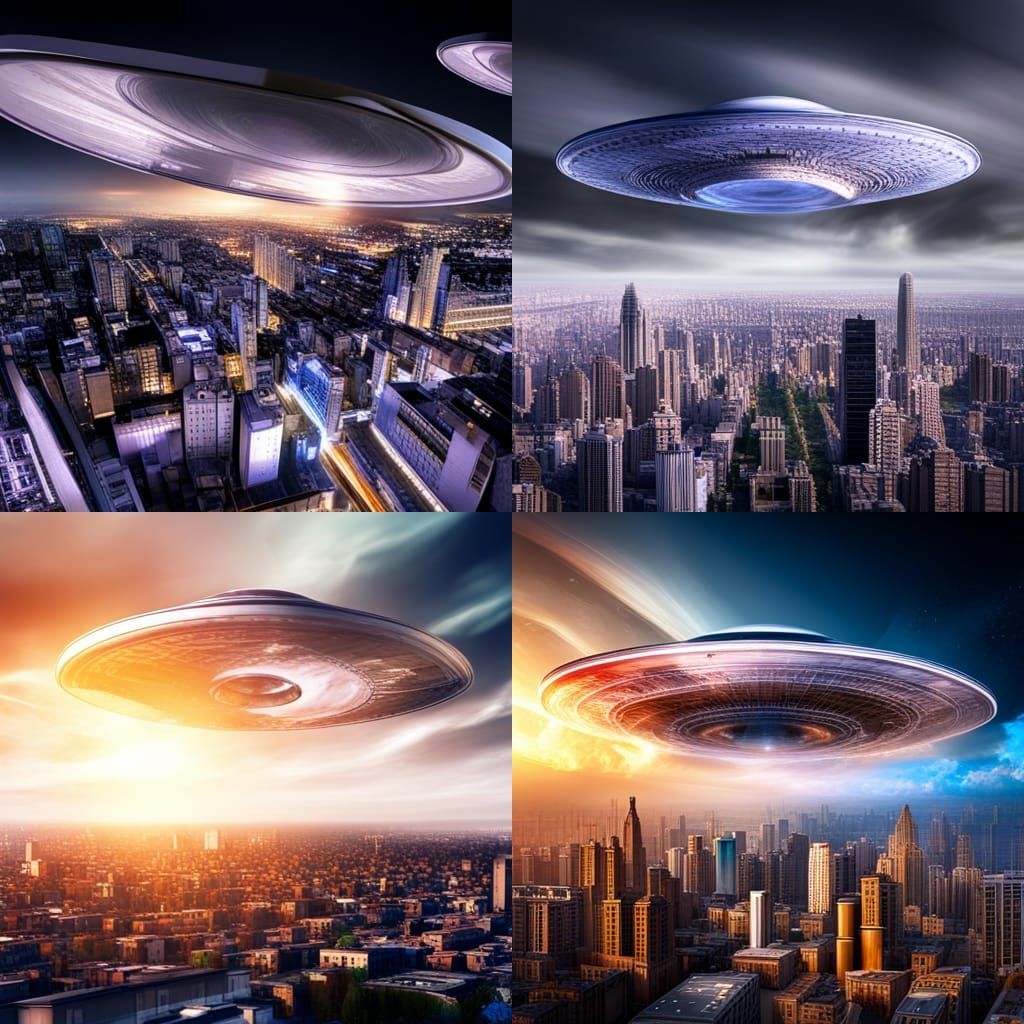UFO plate flying above a city intricate details, HDR, beautifully shot, hyperrealistic, sharp focus, 64 megapixels, perf...