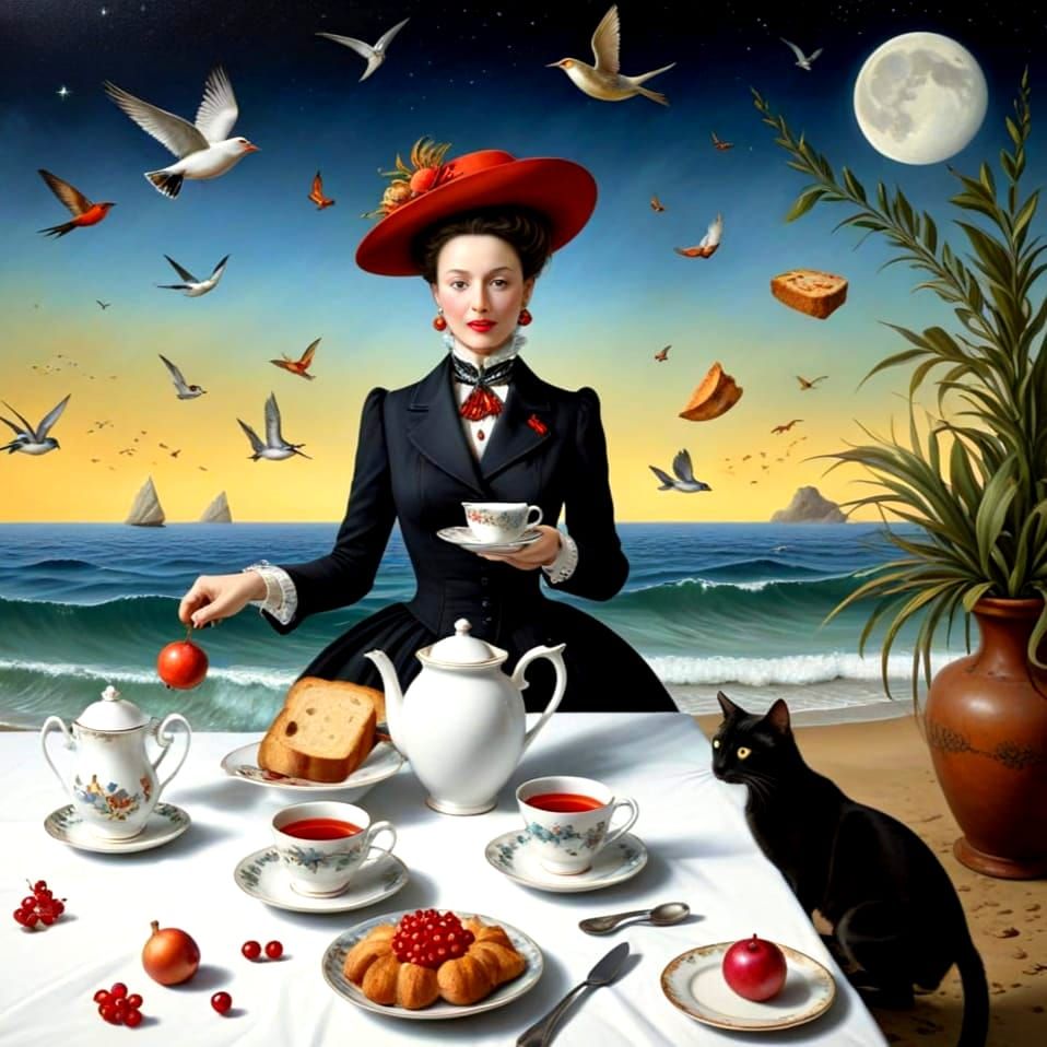 Surrealistic Portrait of a Happy Lady with a Cat