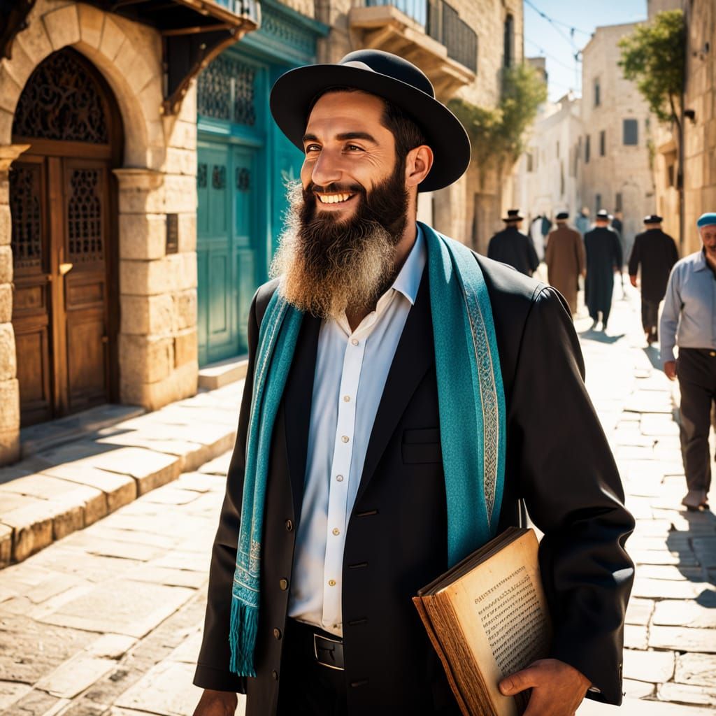 Haredi Man Walks Down Jerusalem Street, Ancient Book in Hand