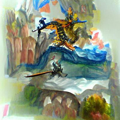a knight jumping off a cliff with a dragon in the backround