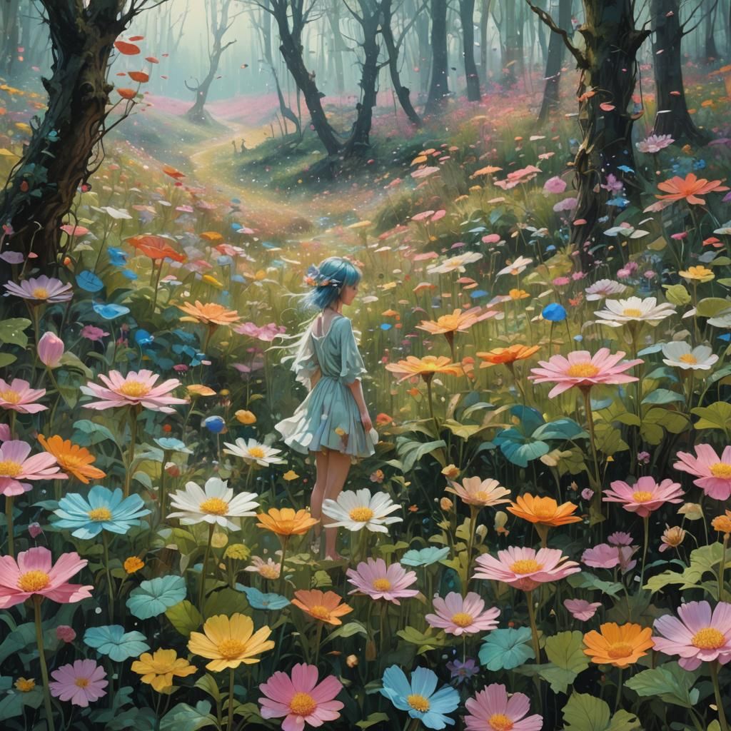 fairy in a gigantic flower field  by @Hastur