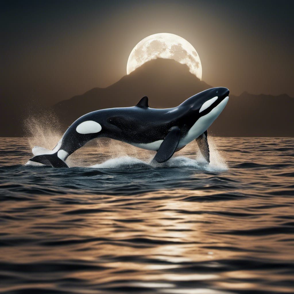 Orca swimming under the full moon, the water is sparkling wi...