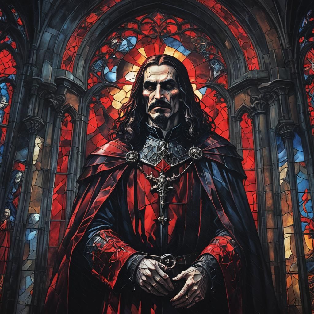 A gothic horror medieval dark red and black gothic stained g...