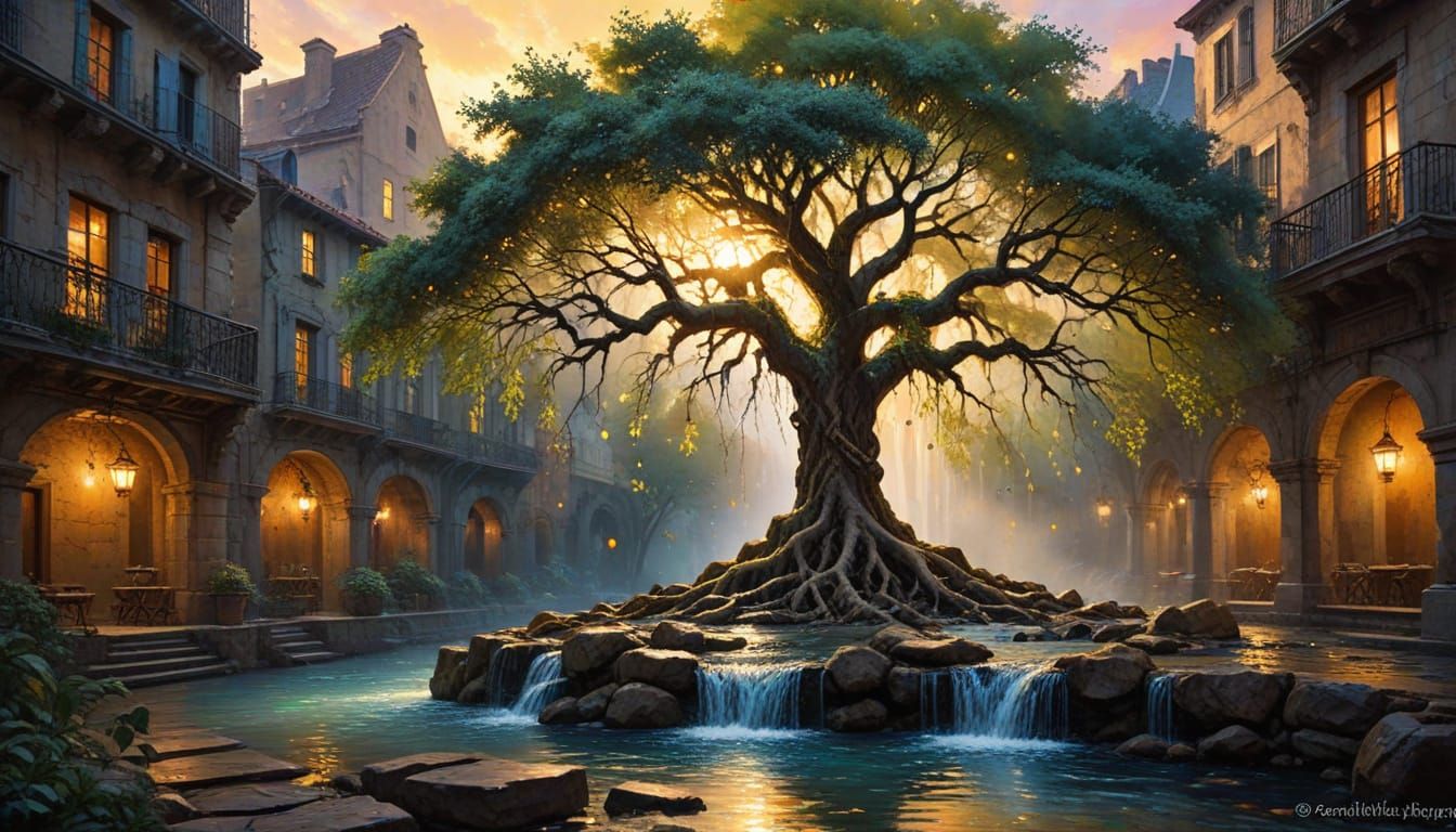 A colossal, ancient tree stands in the center of a forgotten city, its roots intertwined with the crumbling ...  by @The Carlyle