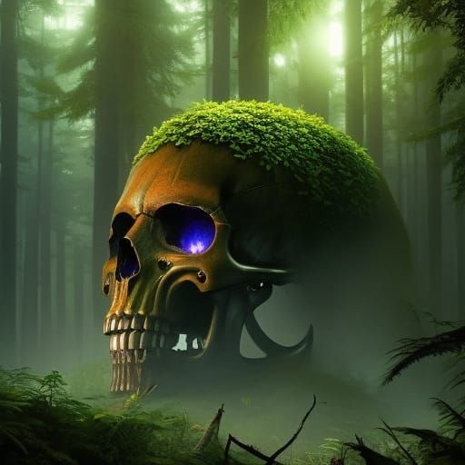 A giant overgrown skull in a forest and 1000 fireflies. Digi...