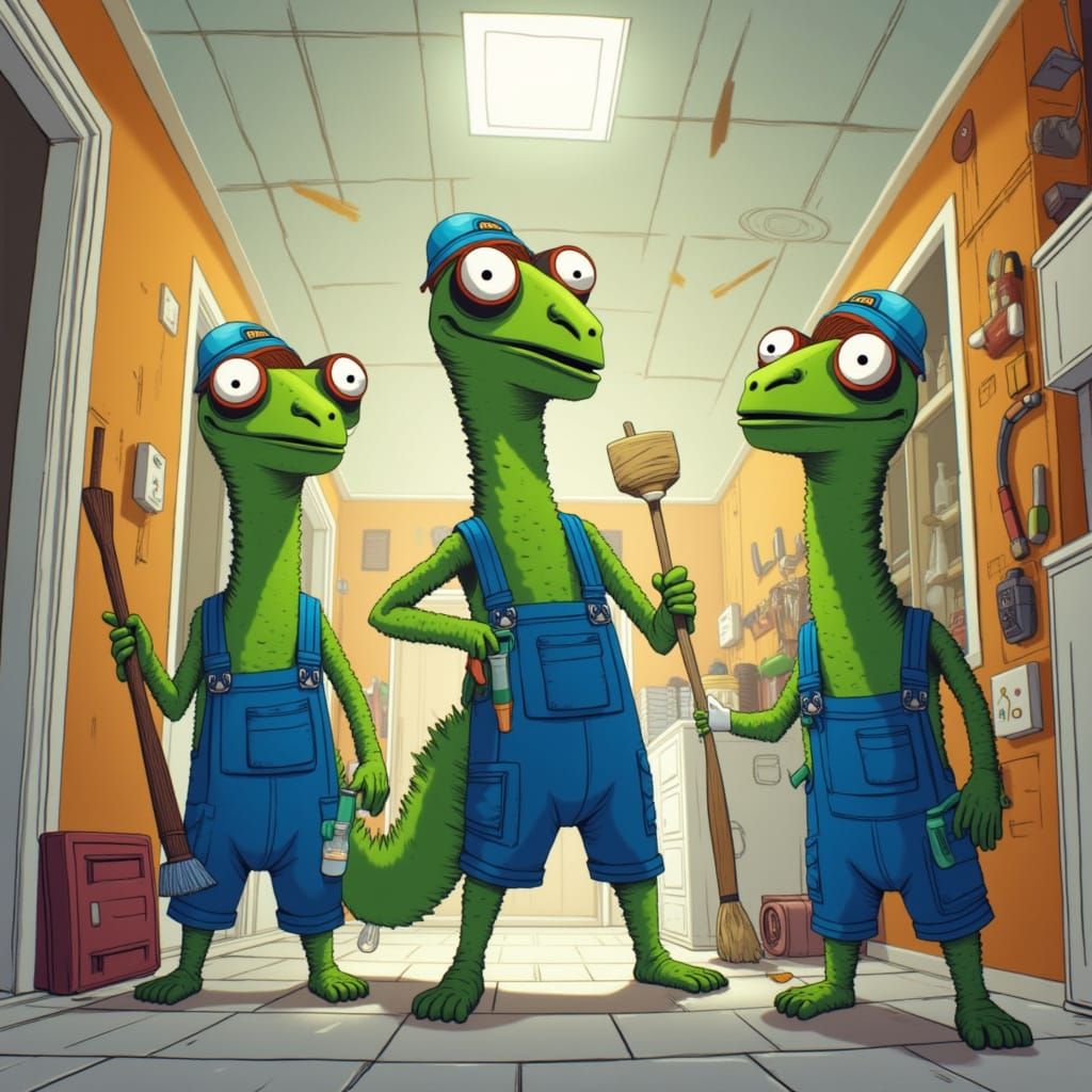<lora:Pasta Chef Llama:1.0> Image is a digital illustration featuring three anthropomorphic geckos in a hallway with a tiled ceiling and wal...