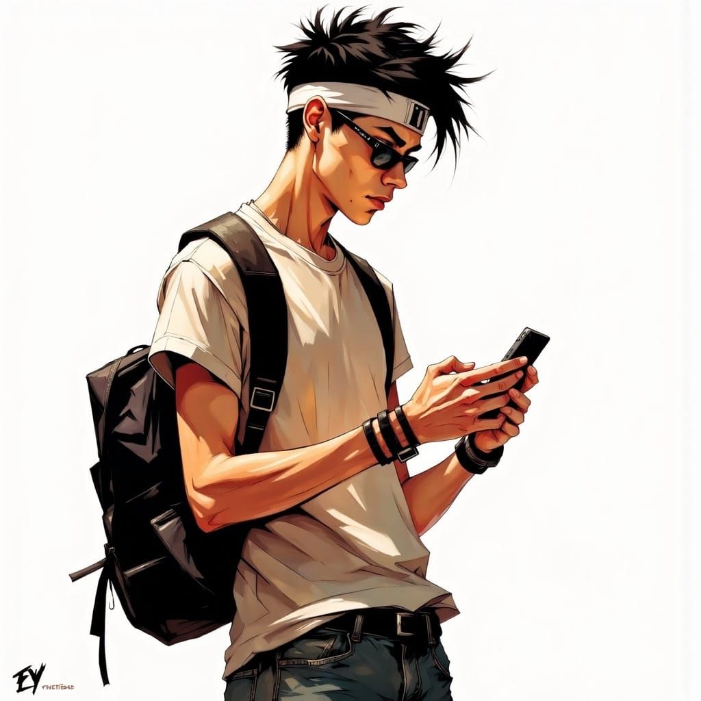 <lora:Conceptualize FL:1.0> A teenager with frosted tips and baggy jeans, wearing a sweatband on one wrist and tapping away on a first-gen...