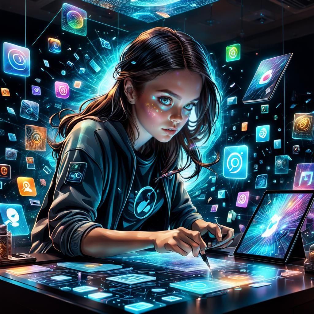 Digital artist creating a work of art on a holographic screen, surrounded by floating app icons.  by @Ella-ArtWork
