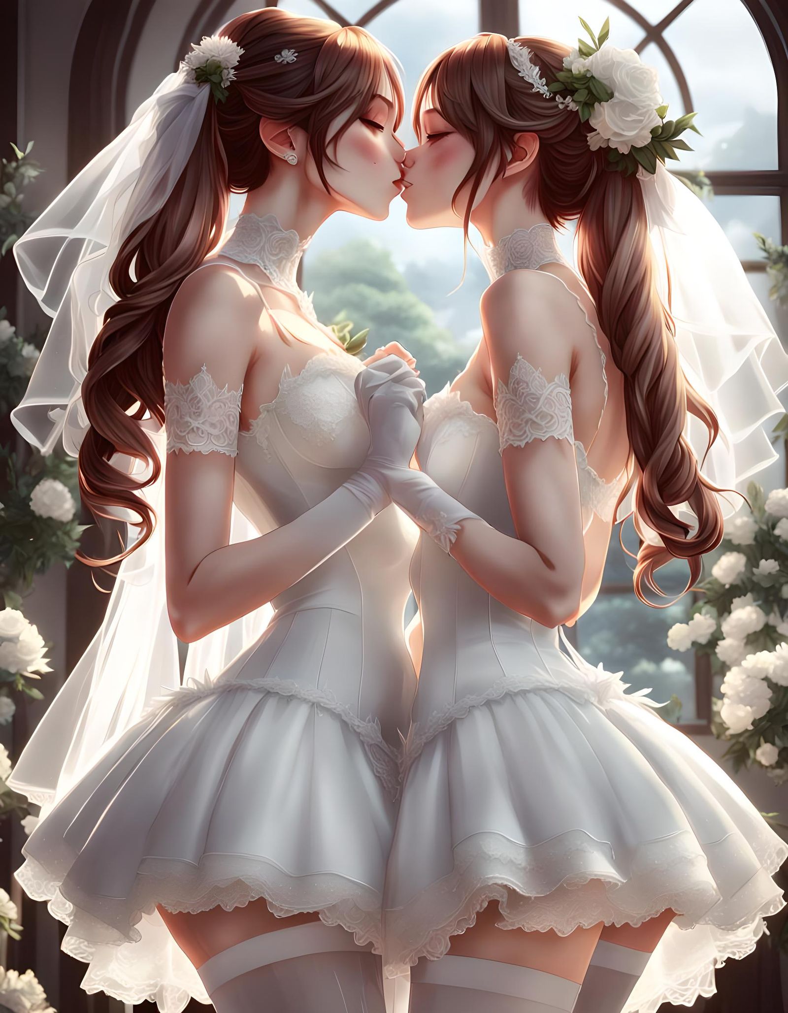Girls kissing in White wedding hosiery