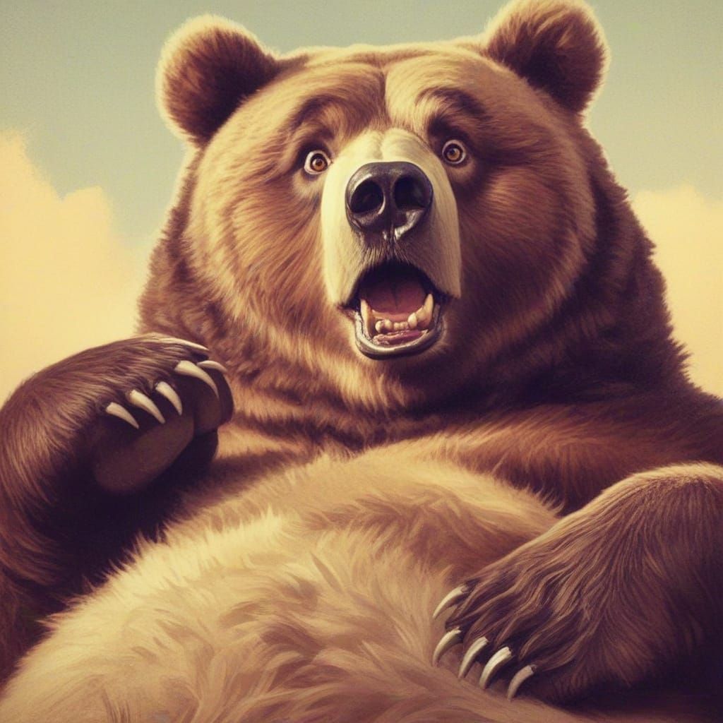 vintage Norman Rockwell style portrait: obese Kodiak Bear; looking at the viewer with surprised sarcasm;
