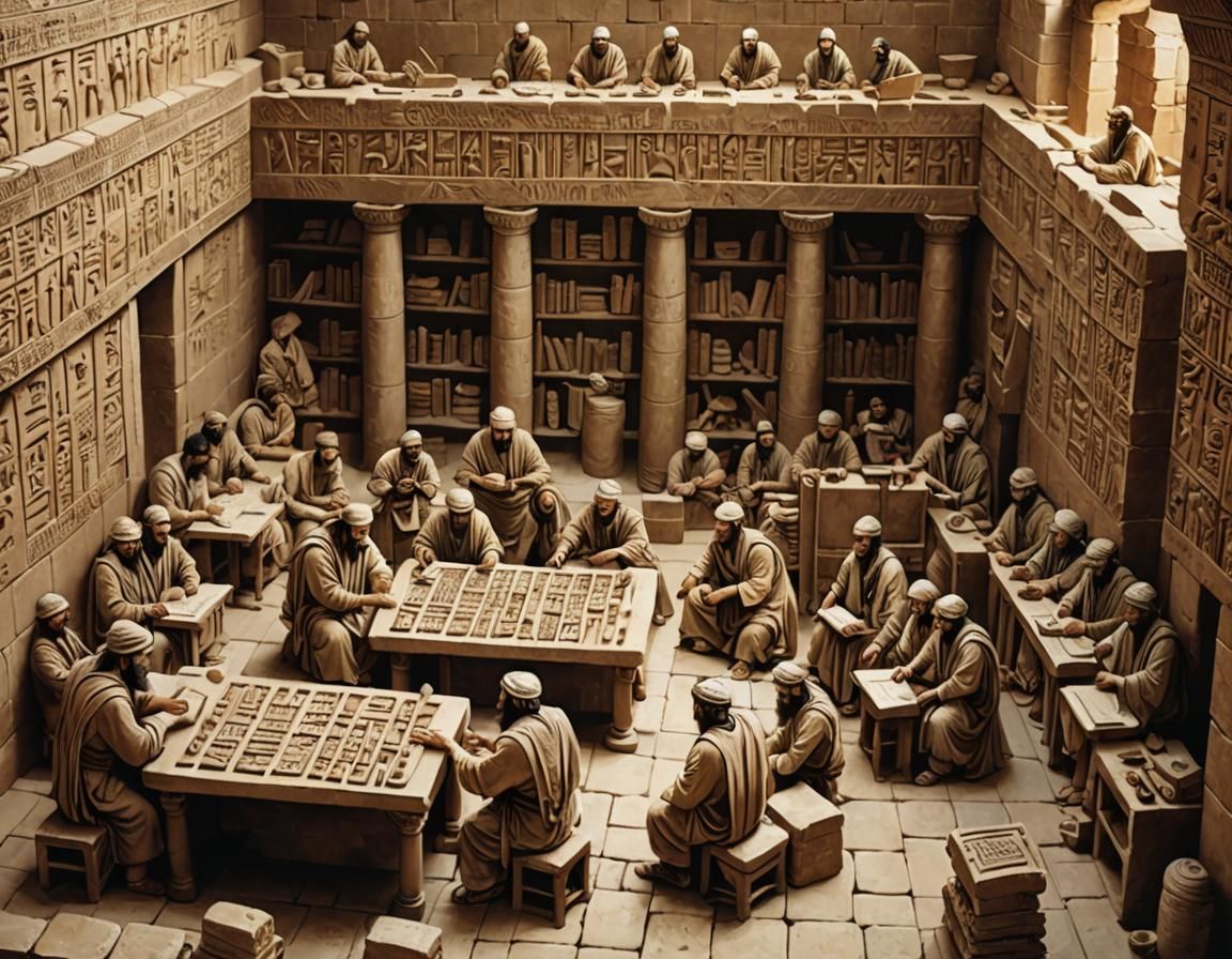 Cuneiform library in Ancient Babel. Scribes are sitting at the tables. A boss with beard is standing. ...  by @Sergij