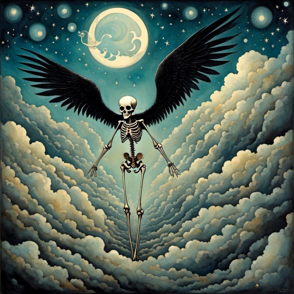 <lora:CelestialWhimsy:1.0> creepy skeleton with angel wings flying above the clouds, dazzling night sky, William Blake, Tim Burton, Camilla...