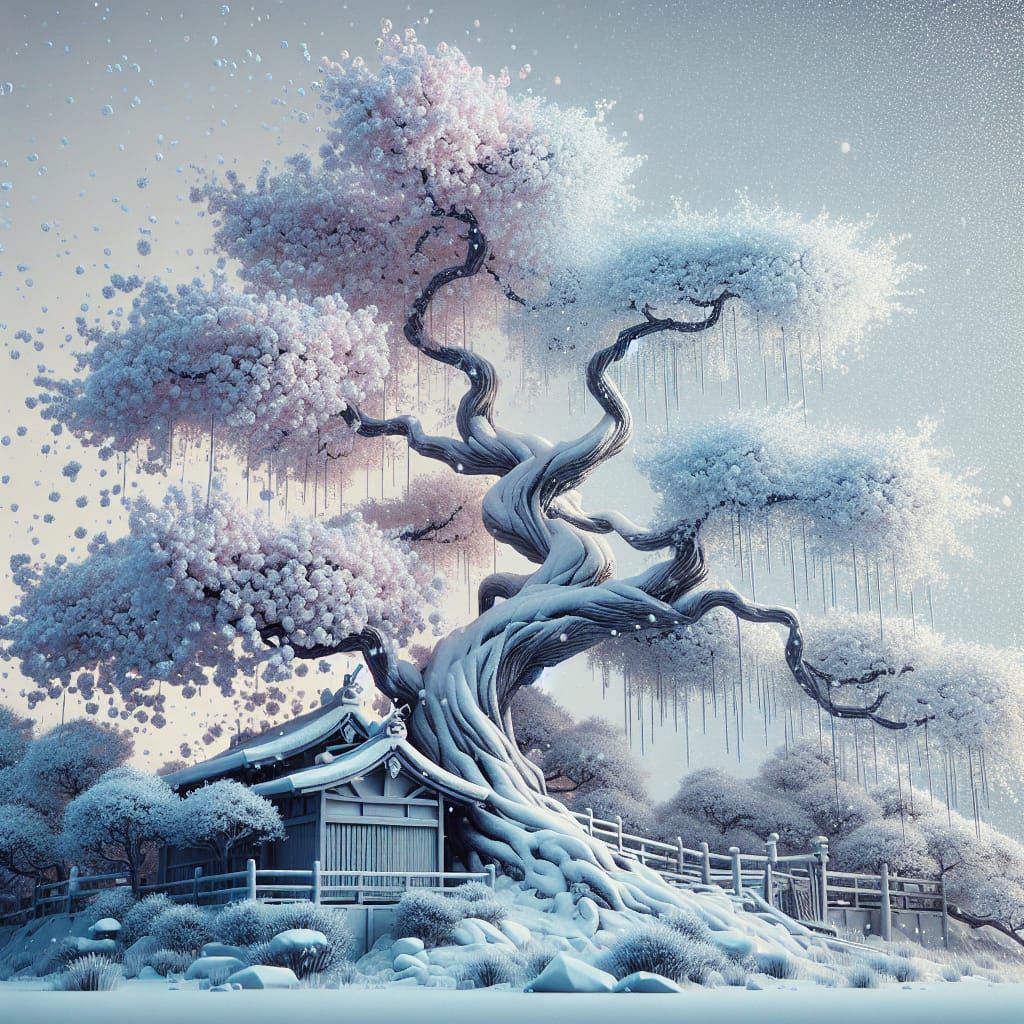 A white snow cherry tree with a little house below  by @magscsts975