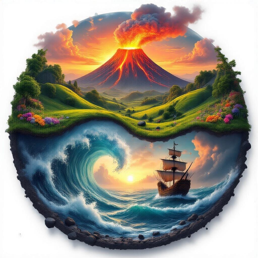Yin-Yang: Volcano Landscape Meets Ocean Storm