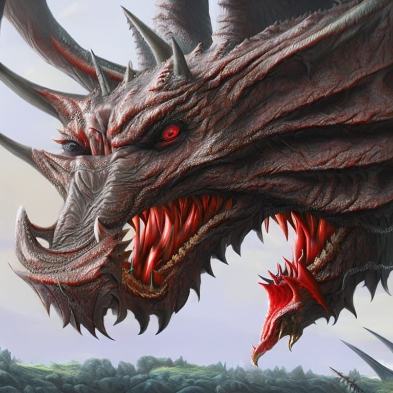 The red horned demon transformed into a giant black dragon, ...
