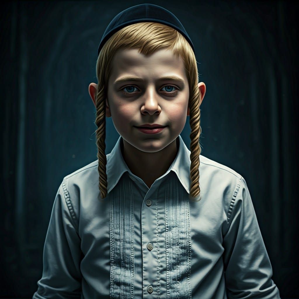 Young Hasidic Boy in Blue Light, Matte Painting