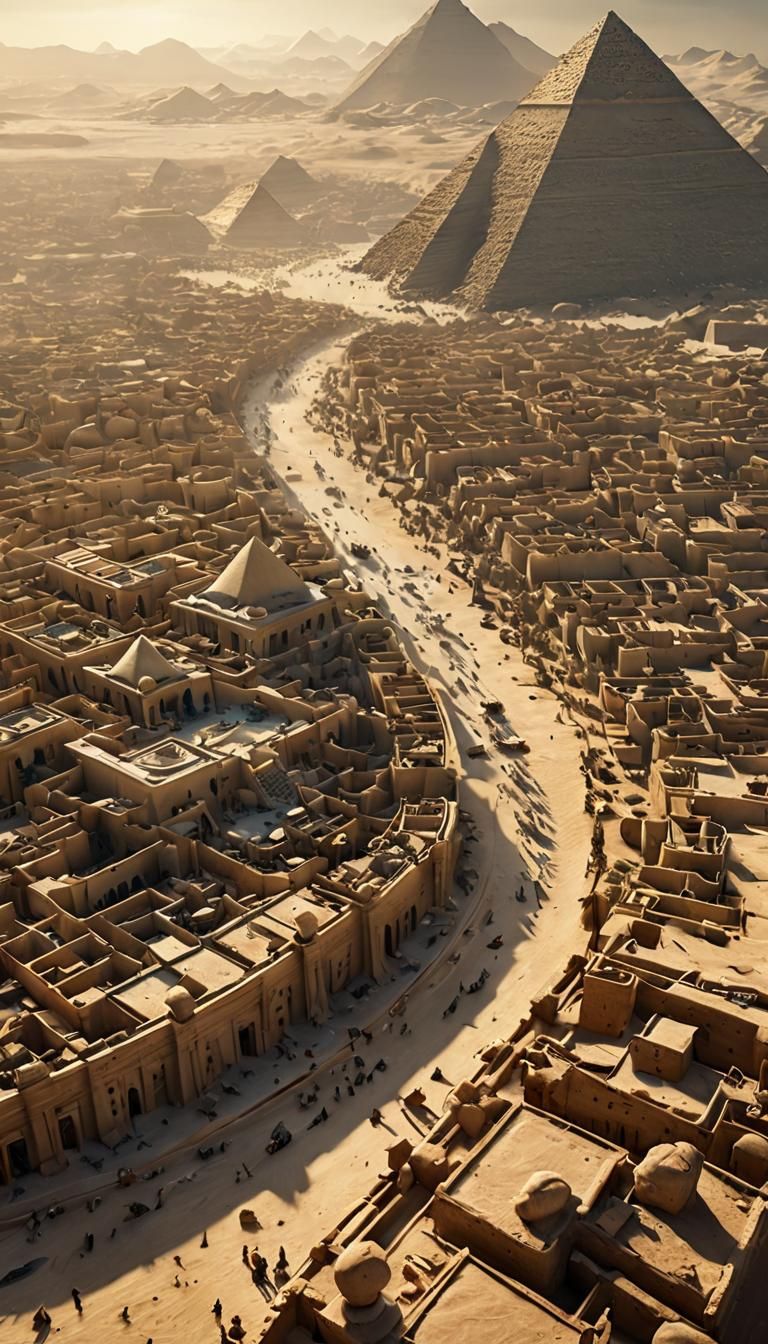 A whole huge city from 4000 years ago being built with pyramids, protective walls, mausoleums and 100-meter statues. Thousands of workers co...