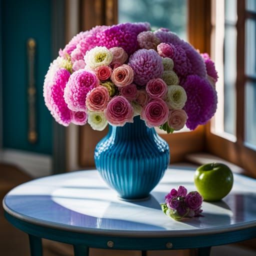Still life vase of cut flowers sitting on a table, backlit b...