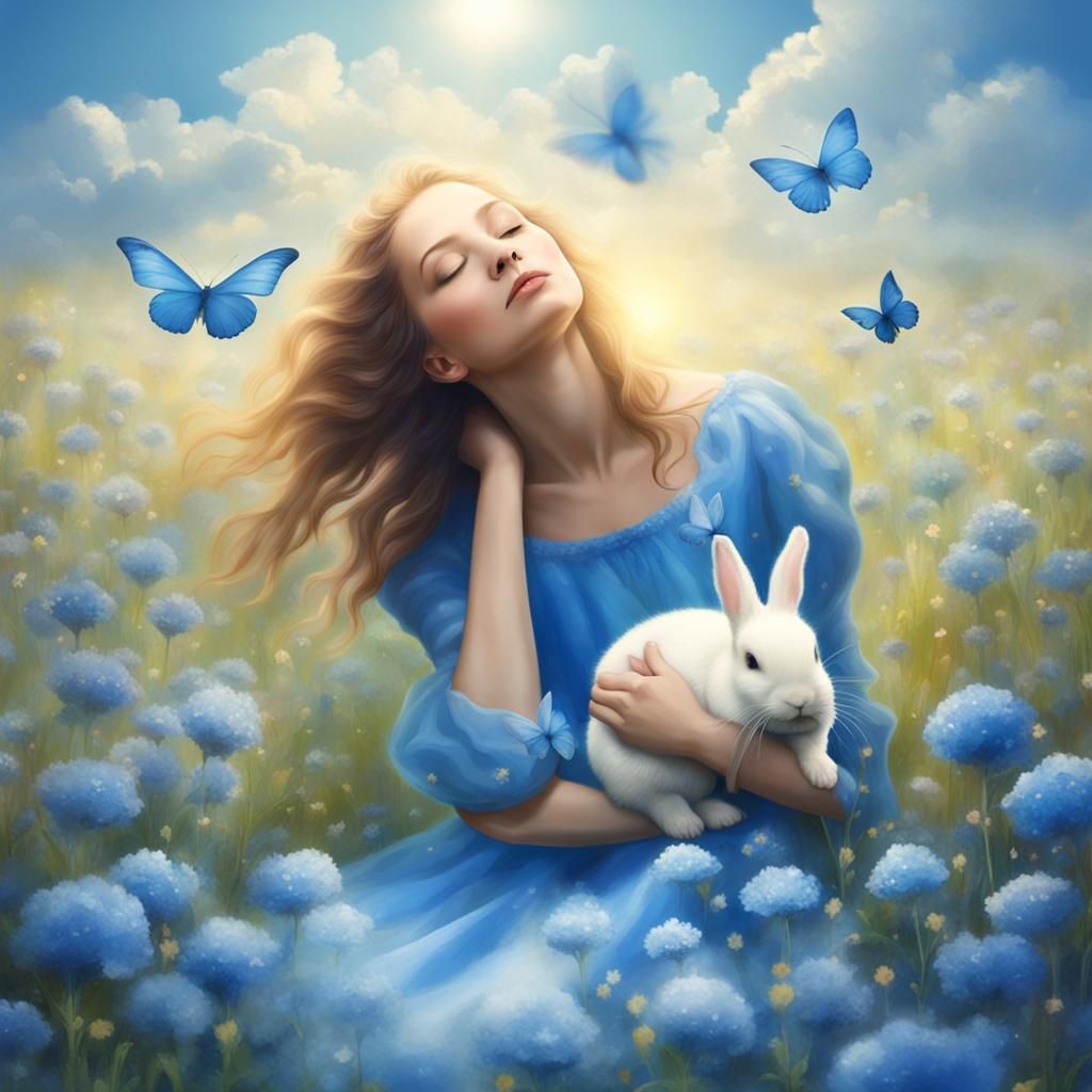 Une femme habillée en bleu dans un champs de bleuets avec un...