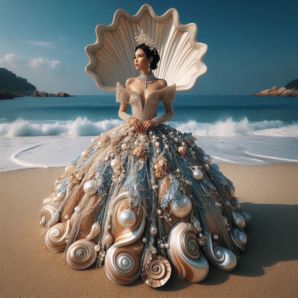 woman in a dress shaped like a large shell