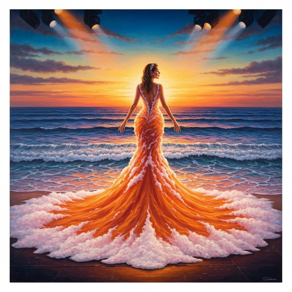 Cabaret painting. A woman in a wedding dress made of orange ocean waves, standing on the shore at sunset, ...  by @Mike