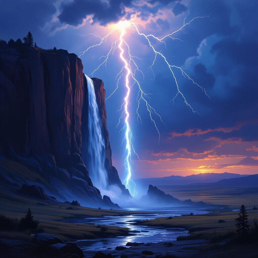 Lightning Pours into Cliff as Waterfall in Desolate Land