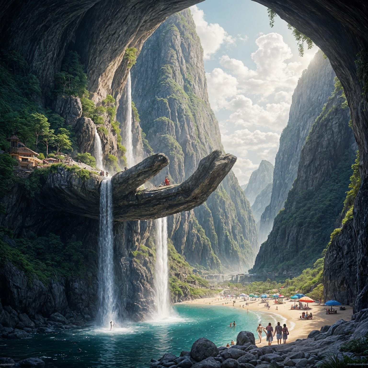 on a huge stone hand there is a mountain valley with a waterfall and a beach with umbrellas and people ...  by @Likvi